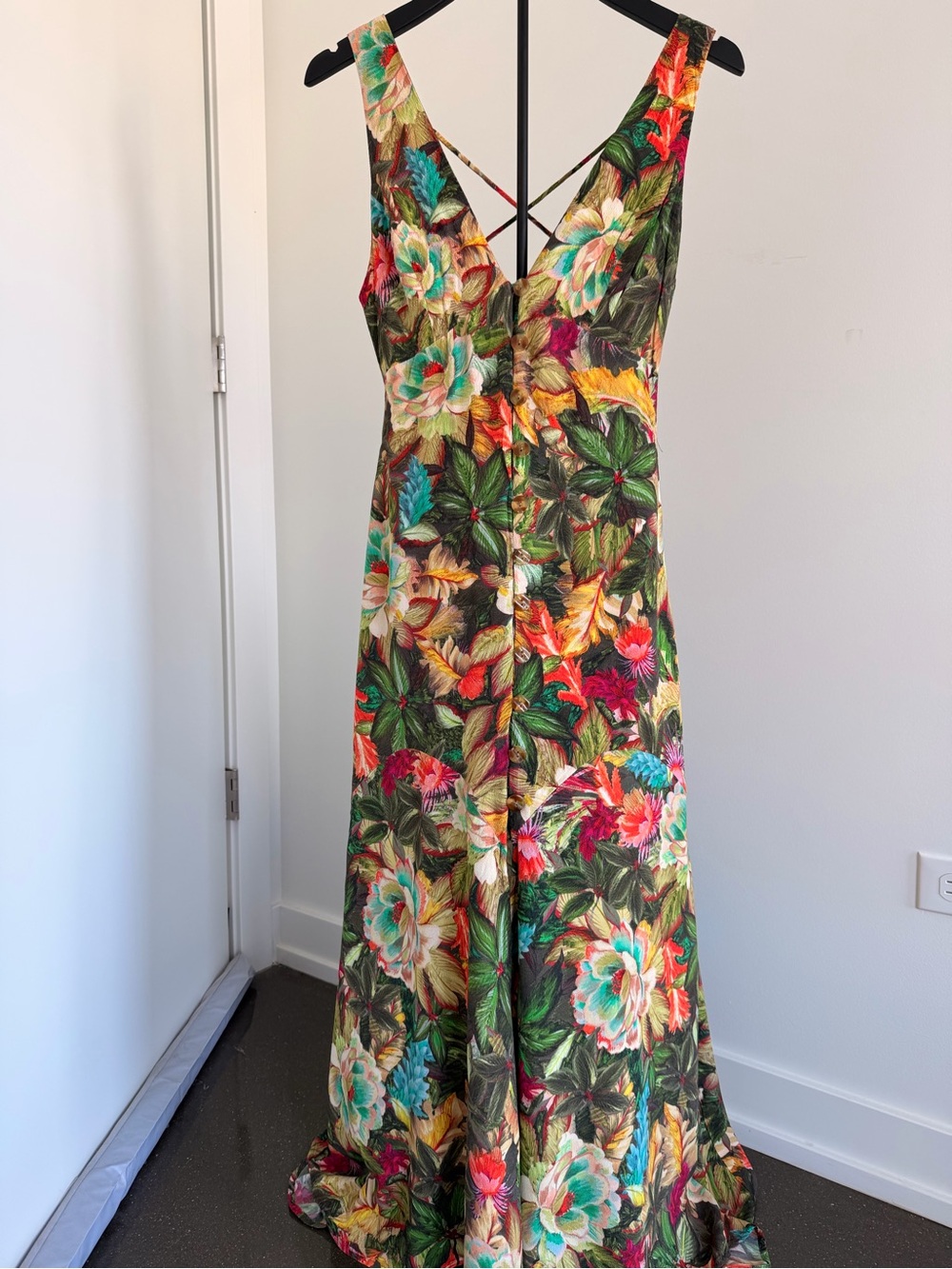 FARM Rio Tropical Floral Button Front Maxi Dress Open Back M